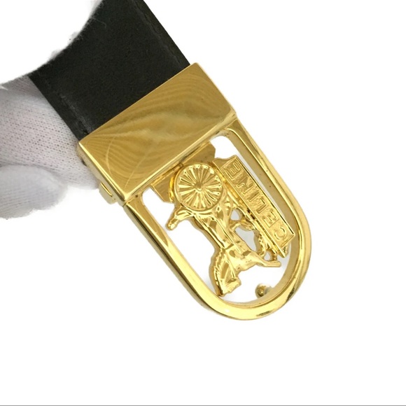 AUTH CELINE Horse Carriage Gold Black Leather 68cm Womens Belt - Picture 5 of 7